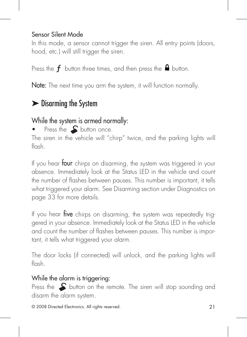 Disarming the system, While the system is armed normally, Four | Five | Directed Electronics 1601 User Manual | Page 21 / 52