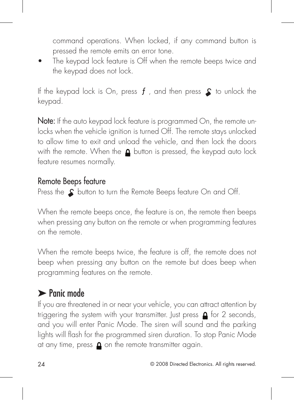 Panic mode, Remote beeps feature, And then press | Press the, On the remote transmitter again | Directed Electronics 1601 User Manual | Page 24 / 52