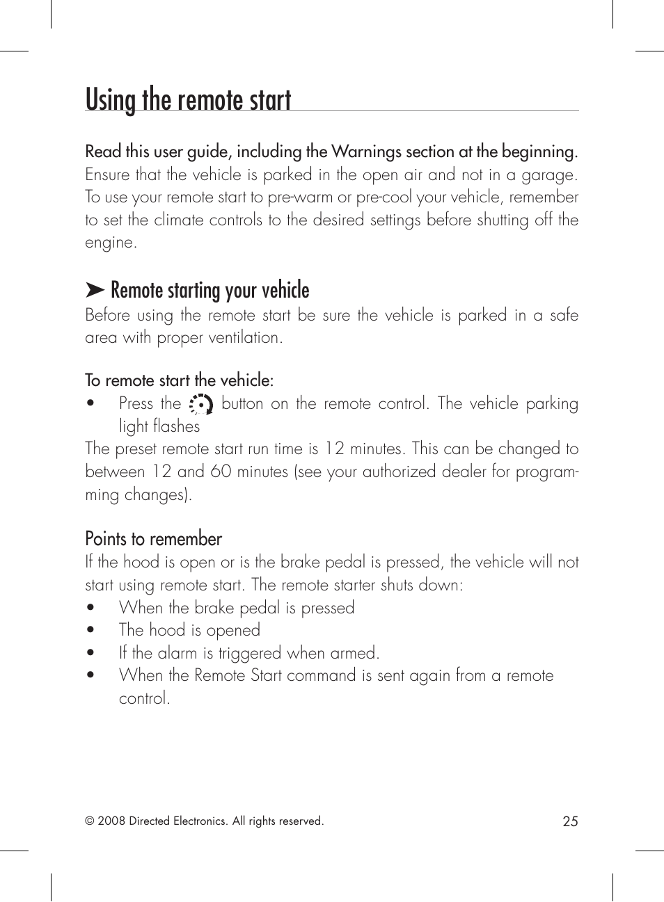 Using the remote start, Remote starting your vehicle, Points to remember | Directed Electronics 1601 User Manual | Page 25 / 52