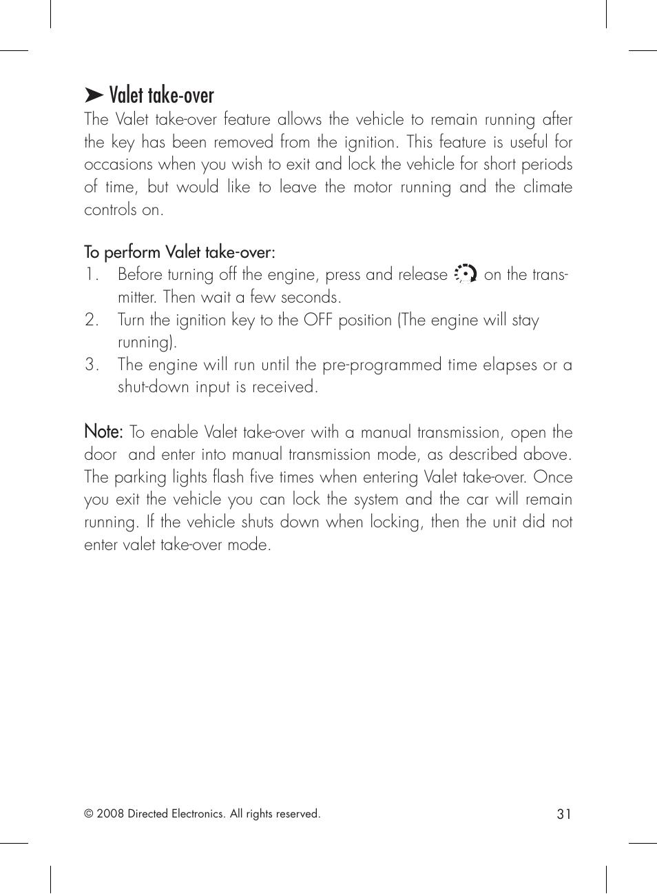 Valet take-over | Directed Electronics 1601 User Manual | Page 31 / 52