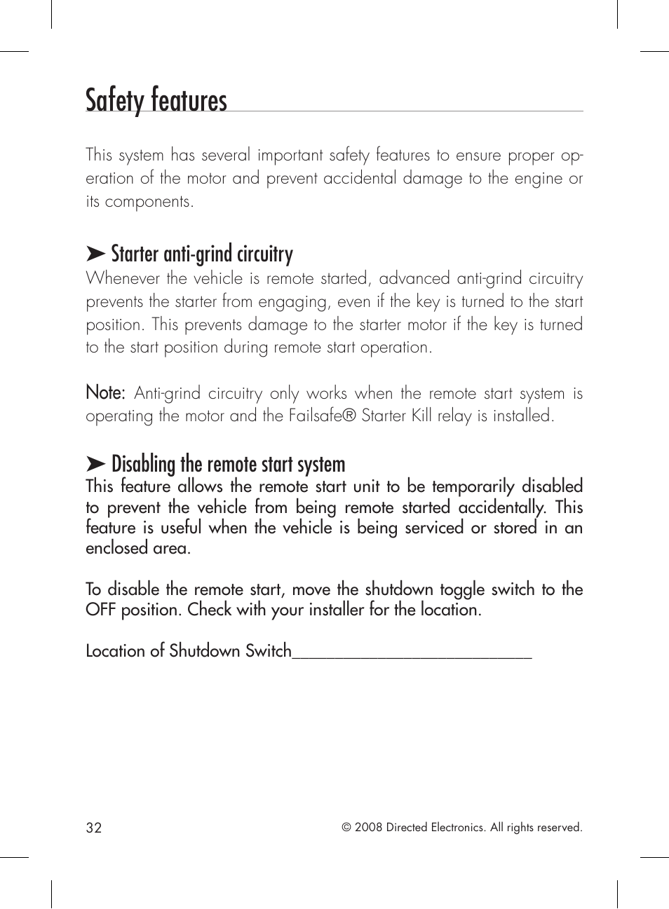 Safety features, Starter anti-grind circuitry, Disabling the remote start system | Directed Electronics 1601 User Manual | Page 32 / 52