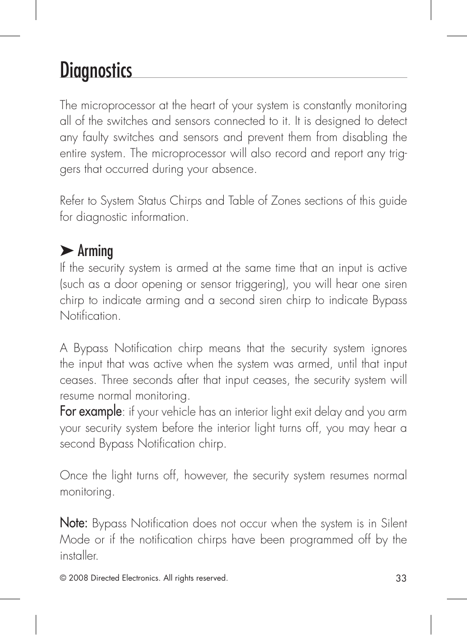 Diagnostics, Arming | Directed Electronics 1601 User Manual | Page 33 / 52