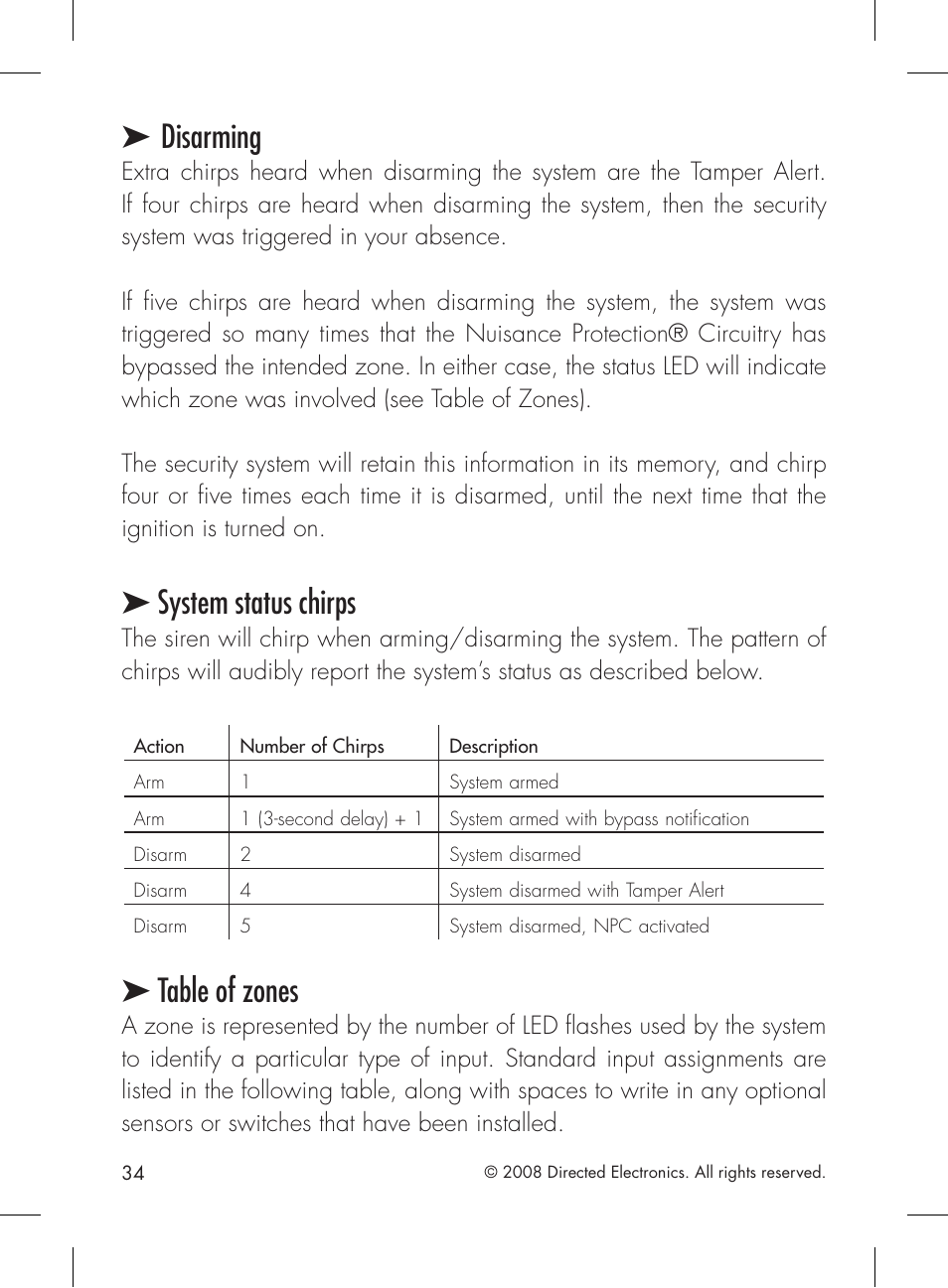 Disarming, System status chirps, Table of zones | Directed Electronics 1601 User Manual | Page 34 / 52