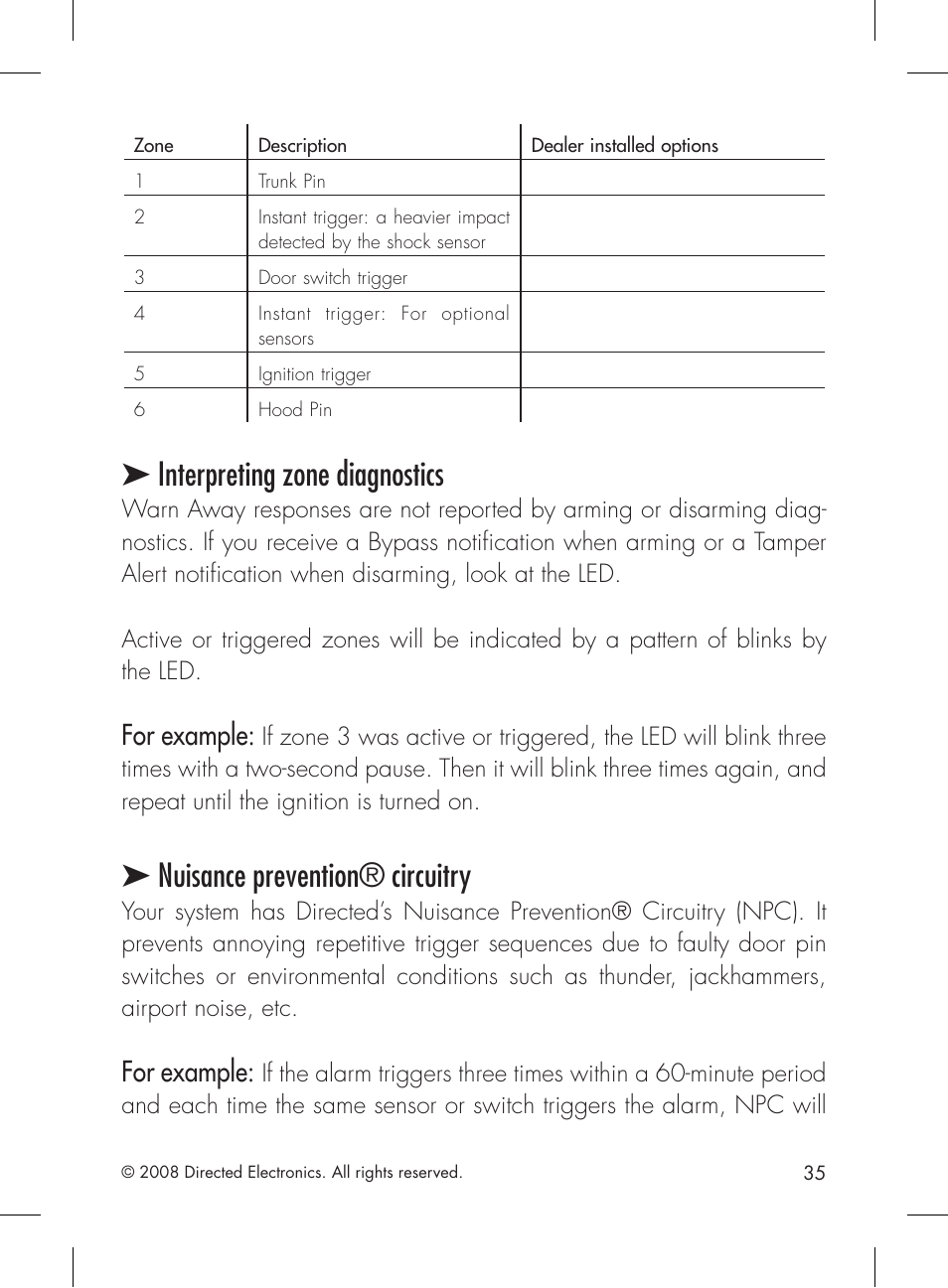 Interpreting zone diagnostics, Nuisance prevention® circuitry, For example | Directed Electronics 1601 User Manual | Page 35 / 52