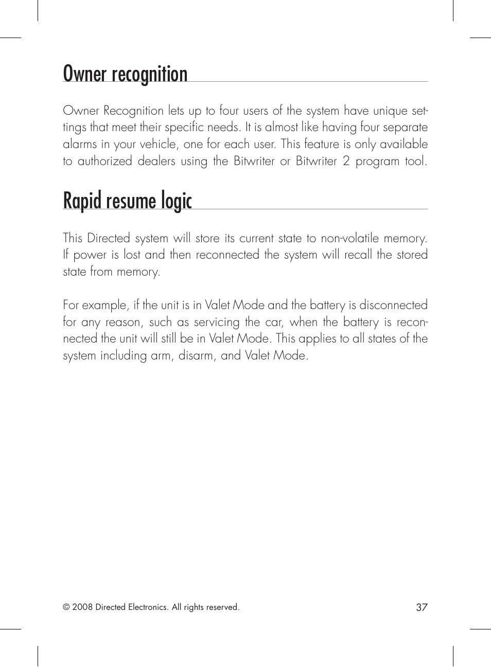 Owner recognition, Rapid resume logic | Directed Electronics 1601 User Manual | Page 37 / 52