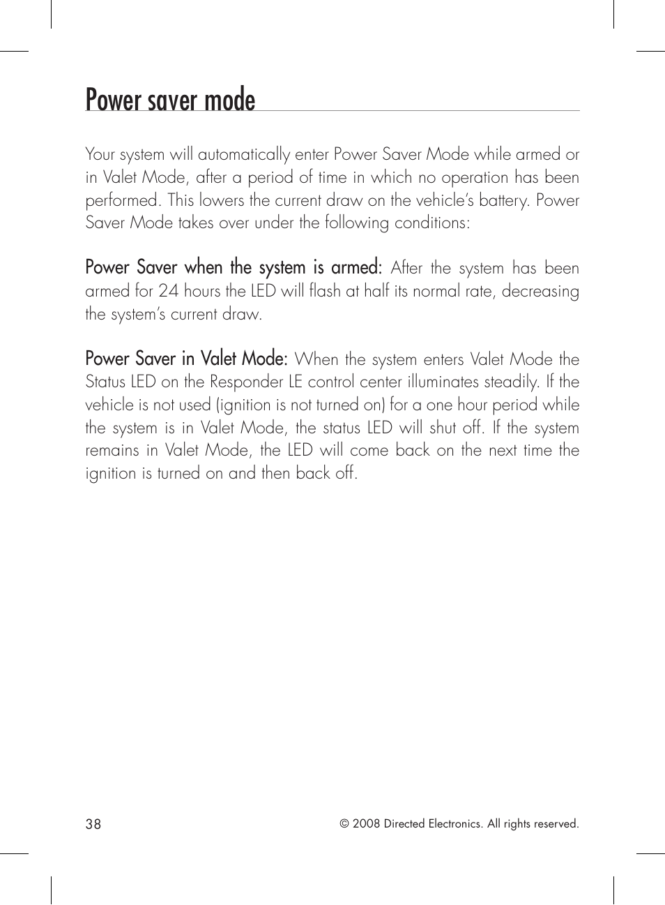 Power saver mode | Directed Electronics 1601 User Manual | Page 38 / 52