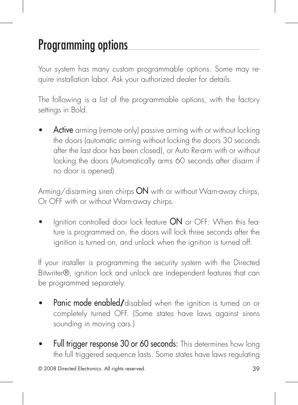 Programming options | Directed Electronics 1601 User Manual | Page 39 / 52