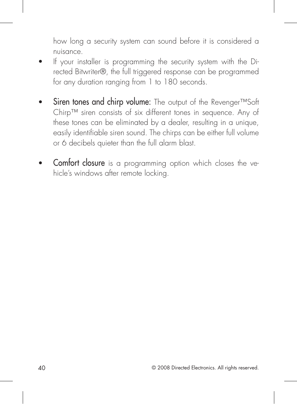 Siren tones and chirp volume, Comfort closure | Directed Electronics 1601 User Manual | Page 40 / 52