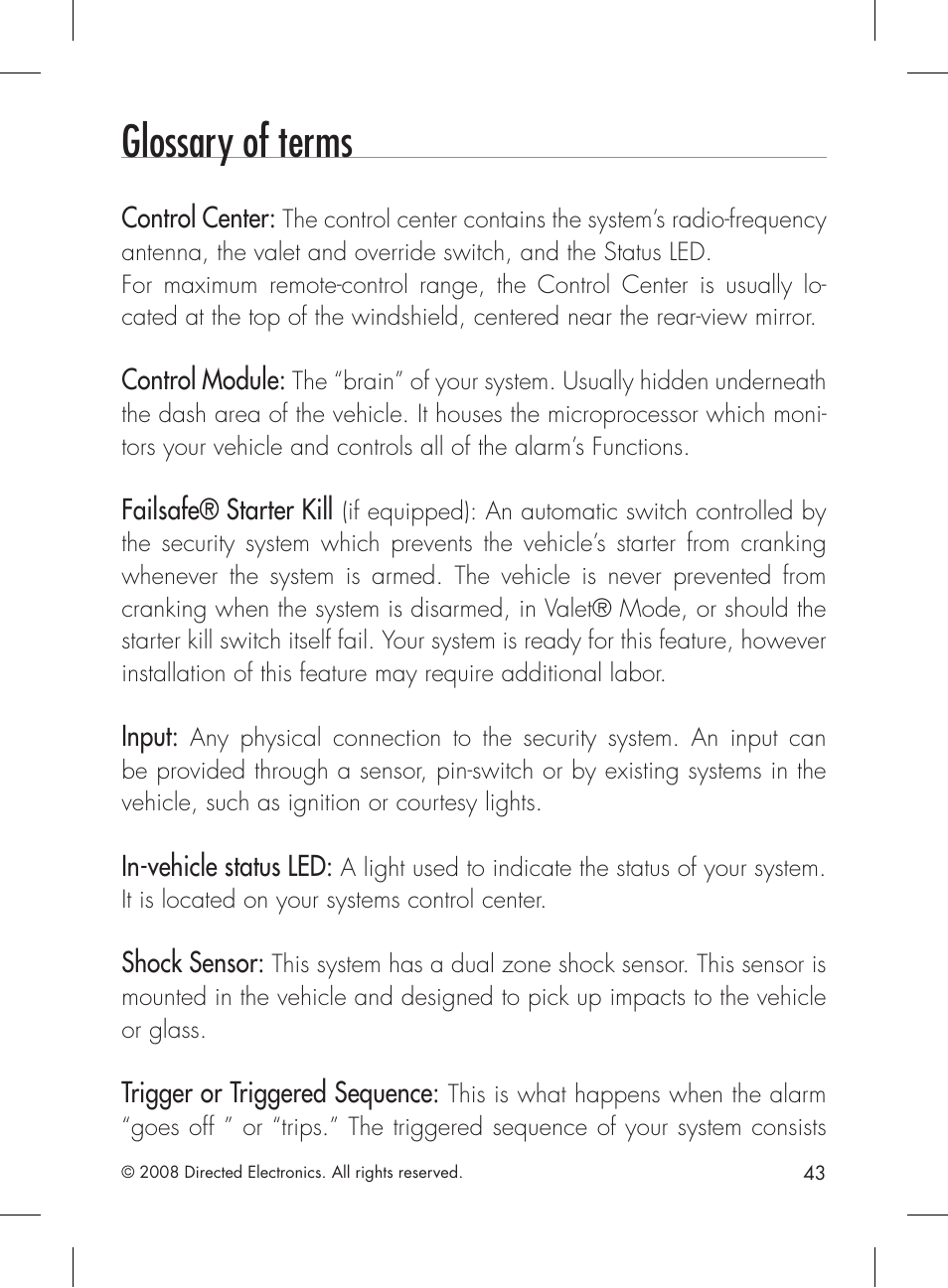 Glossary of terms | Directed Electronics 1601 User Manual | Page 43 / 52