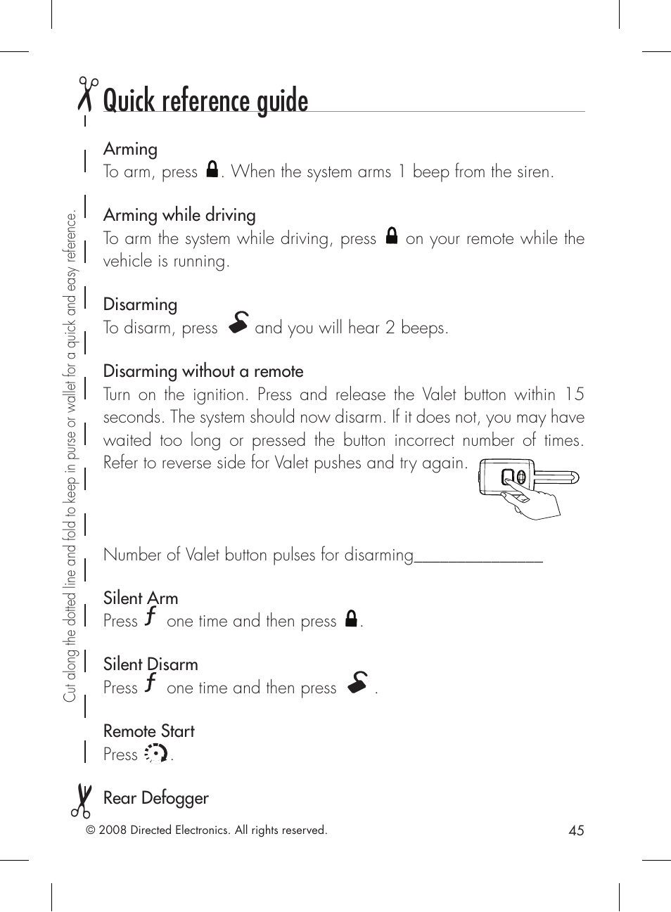 Quick reference guide, Arming to arm, press, One time and then press | Silent disarm press, Remote start press, Rear defogger | Directed Electronics 1601 User Manual | Page 45 / 52