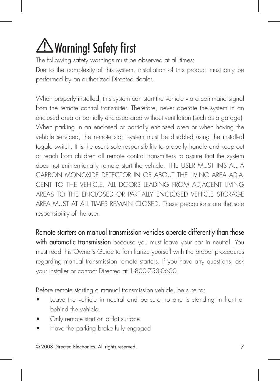 Warning! safety first | Directed Electronics 1601 User Manual | Page 7 / 52