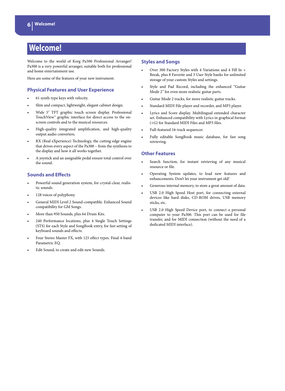 Welcome, Physical features and user experience, Sounds and effects | Styles and songs, Other features | KORG Pa300 Arranger User Manual | Page 10 / 378