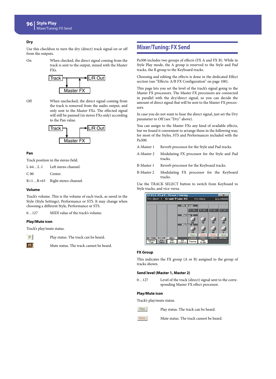 Mixer/tuning: fx send | KORG Pa300 Arranger User Manual | Page 100 / 378