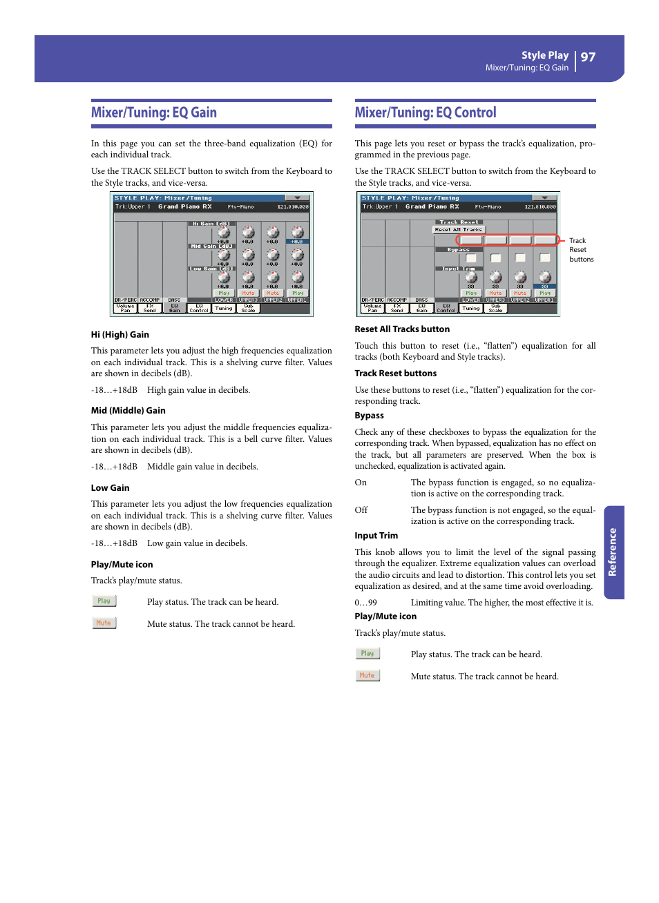 Mixer/tuning: eq gain, Mixer/tuning: eq control, Mixer/tuning: eq gain mixer/tuning: eq control | KORG Pa300 Arranger User Manual | Page 101 / 378