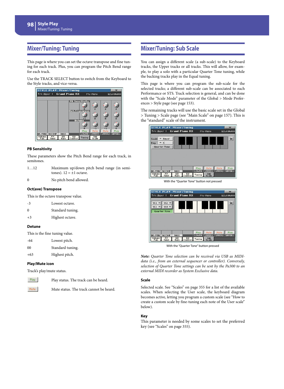 Mixer/tuning: tuning, Mixer/tuning: sub scale, Mixer/tuning: tuning mixer/tuning: sub scale | Mixer/tuning: tuning” ed | KORG Pa300 Arranger User Manual | Page 102 / 378