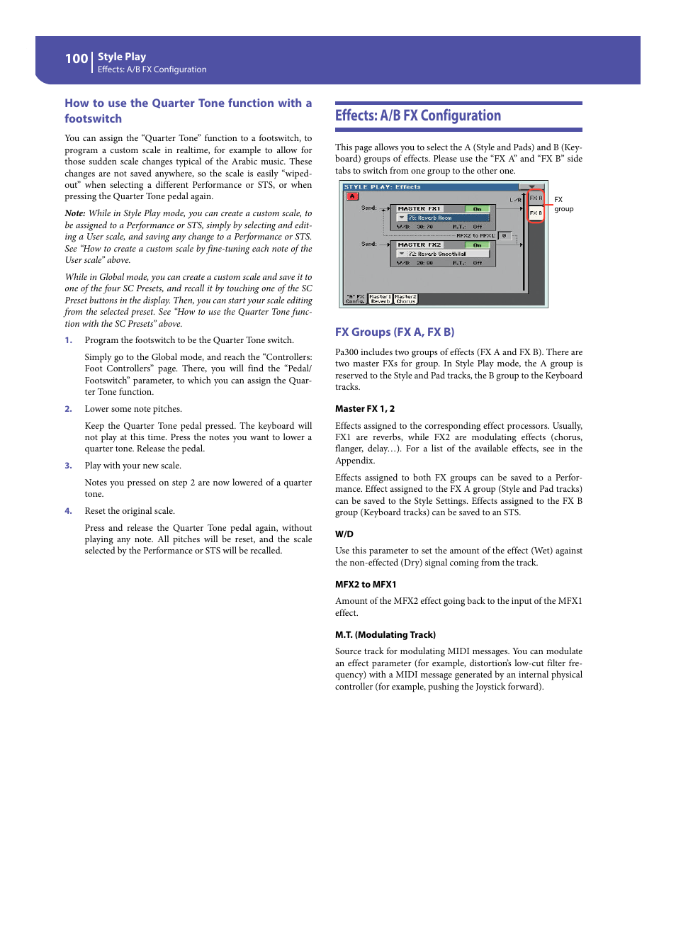 Effects: a/b fx configuration, Fx groups (fx a, fx b) | KORG Pa300 Arranger User Manual | Page 104 / 378