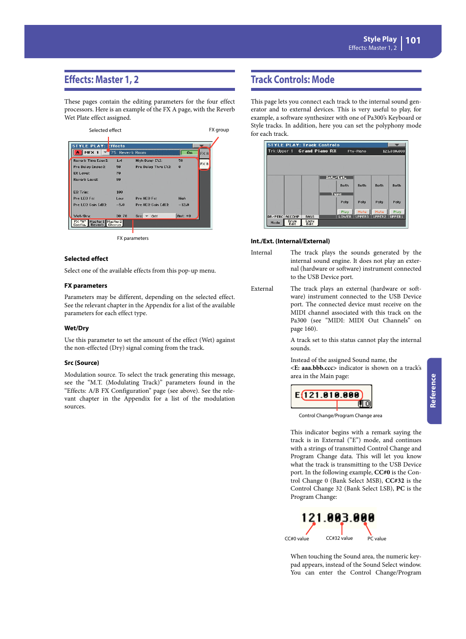 Effects: master 1, 2, Track controls: mode, Effects: master 1, 2 track controls: mode | KORG Pa300 Arranger User Manual | Page 105 / 378