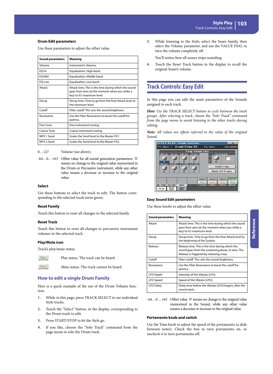 How to edit a single drum family, Track controls: easy edit | KORG Pa300 Arranger User Manual | Page 107 / 378