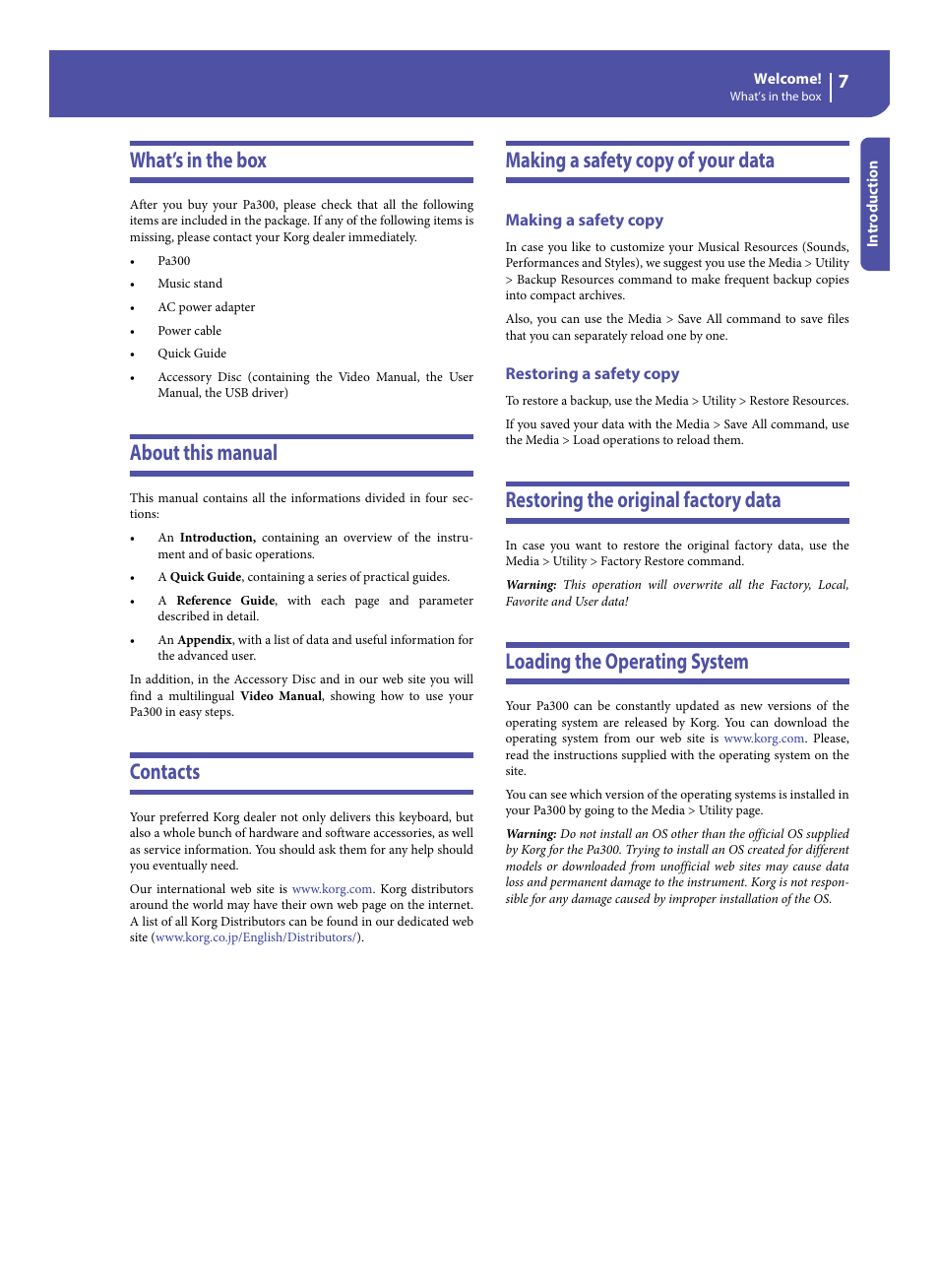 What’s in the box, About this manual, Contacts | Making a safety copy of your data, Making a safety copy, Restoring a safety copy, Restoring the original factory data, Loading the operating system | KORG Pa300 Arranger User Manual | Page 11 / 378