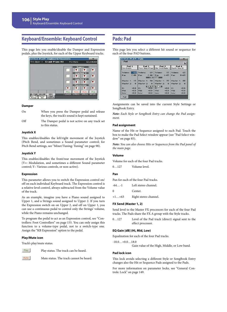 Keyboard/ensemble: keyboard control, Pads: pad, Keyboard/ensemble: keyboard control pads: pad | The “pads: pad | KORG Pa300 Arranger User Manual | Page 110 / 378