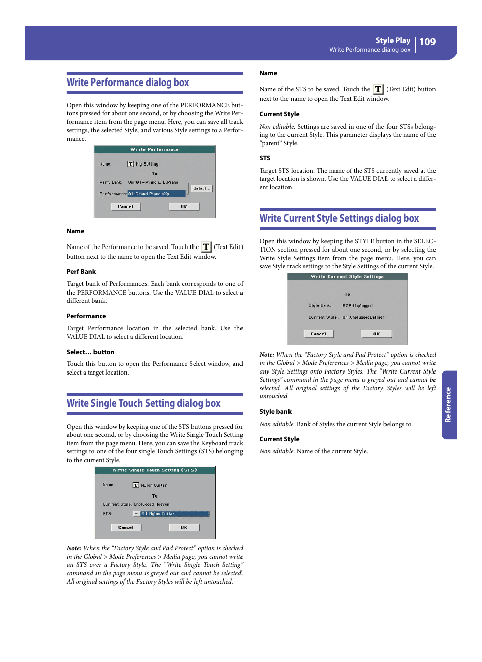 Write performance dialog box, Write single touch setting dialog box, Write current style settings dialog box | KORG Pa300 Arranger User Manual | Page 113 / 378