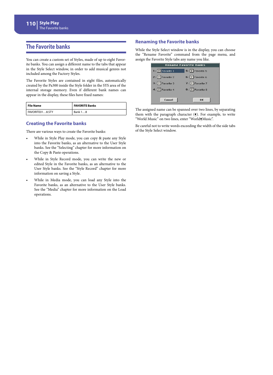 The favorite banks, Creating the favorite banks, Renaming the favorite banks | KORG Pa300 Arranger User Manual | Page 114 / 378