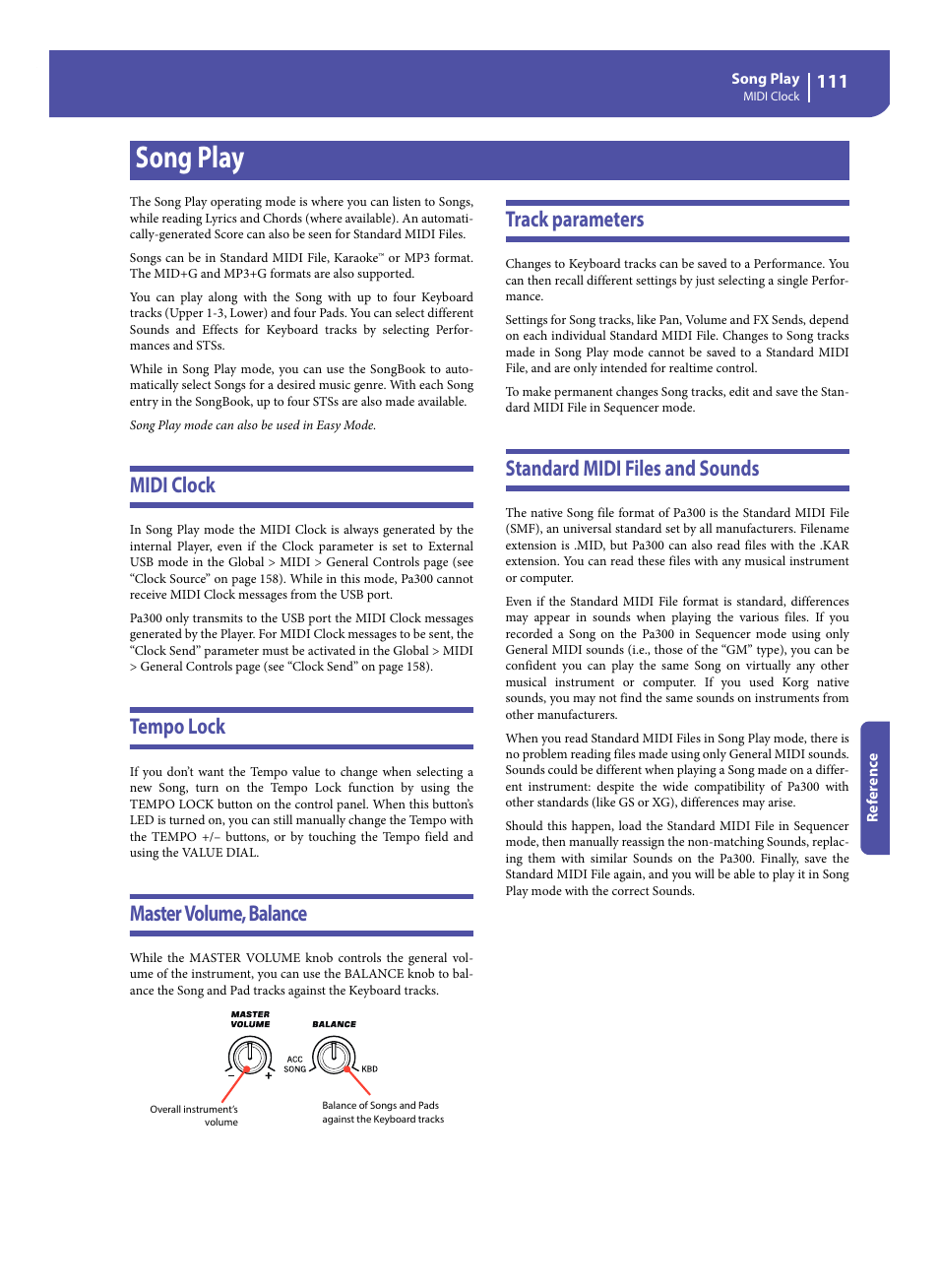 Song play, Midi clock, Tempo lock | Master volume, balance, Track parameters, Standard midi files and sounds | KORG Pa300 Arranger User Manual | Page 115 / 378