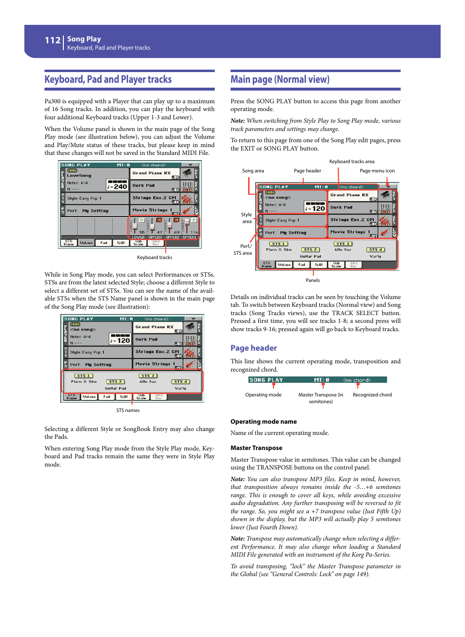 Keyboard, pad and player tracks, Main page (normal view), Page header | KORG Pa300 Arranger User Manual | Page 116 / 378