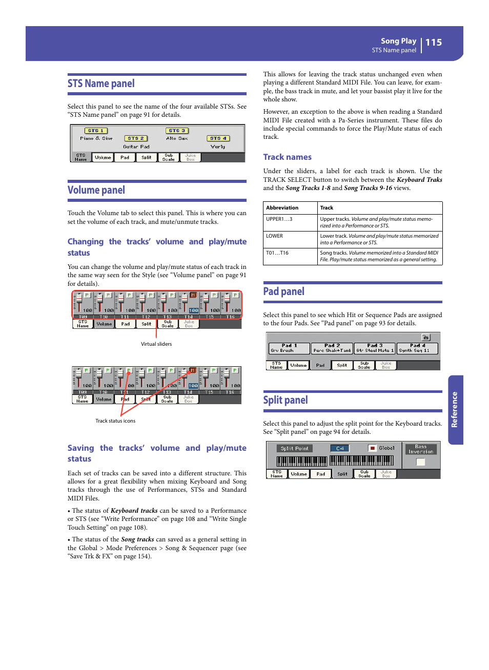 Sts name panel, Volume panel, Changing the tracks’ volume and play/mute status | Saving the tracks’ volume and play/mute status, Track names, Pad panel, Split panel, Sts name panel volume panel pad panel split panel | KORG Pa300 Arranger User Manual | Page 119 / 378