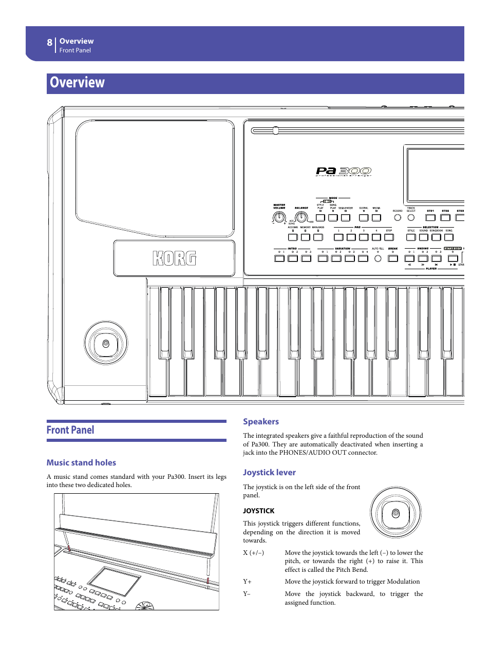 Overview, Front panel, Music stand holes | Speakers, Joystick lever | KORG Pa300 Arranger User Manual | Page 12 / 378