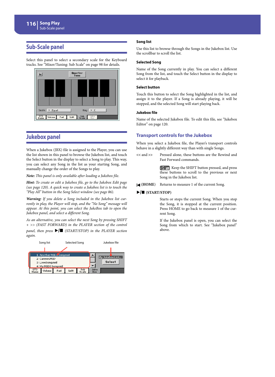 Sub-scale panel, Jukebox panel, Transport controls for the jukebox | Sub-scale panel jukebox panel | KORG Pa300 Arranger User Manual | Page 120 / 378