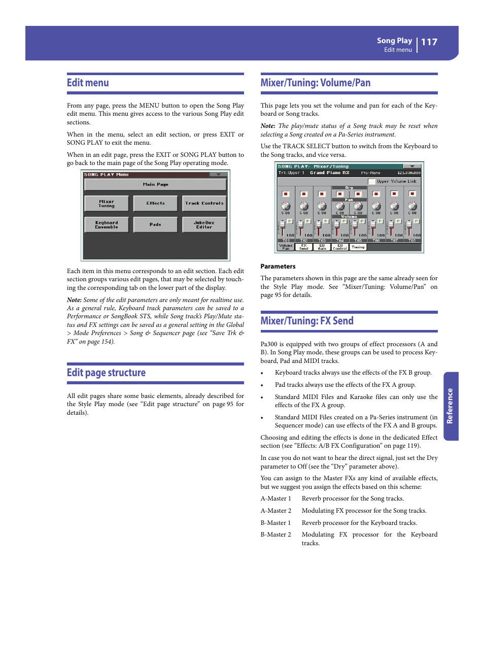 Edit menu, Mixer/tuning: volume/pan, Mixer/tuning: fx send | Edit page structure | KORG Pa300 Arranger User Manual | Page 121 / 378