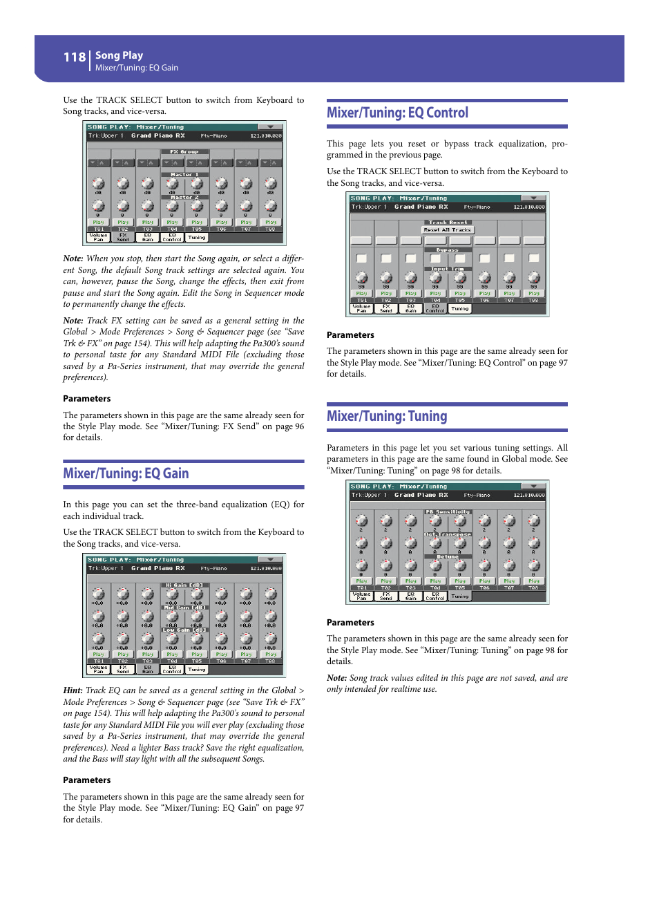 Mixer/tuning: eq gain, Mixer/tuning: eq control, Mixer/tuning: tuning | KORG Pa300 Arranger User Manual | Page 122 / 378