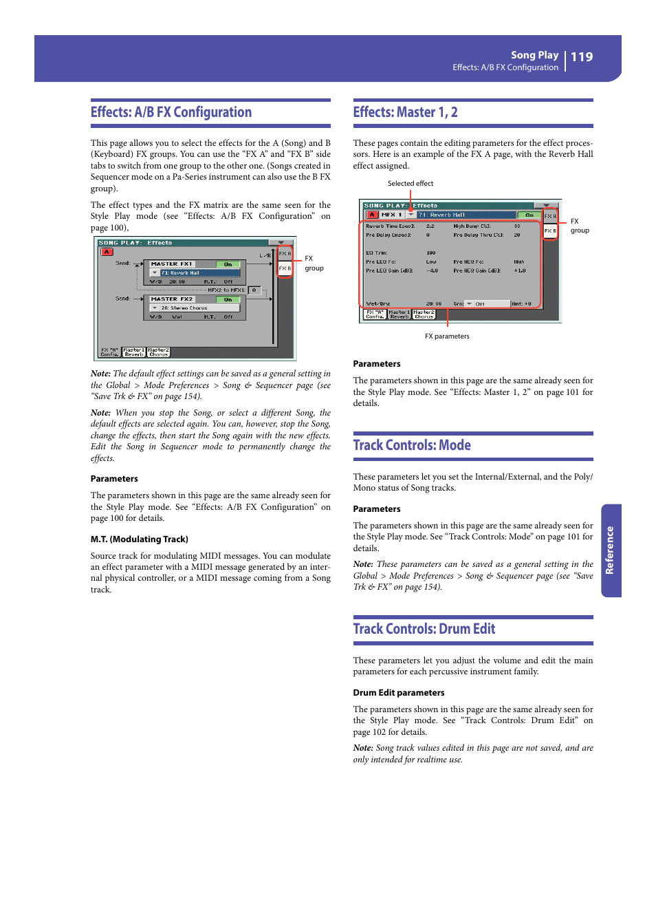 Effects: a/b fx configuration, Effects: master 1, 2, Track controls: mode | Track controls: drum edit | KORG Pa300 Arranger User Manual | Page 123 / 378