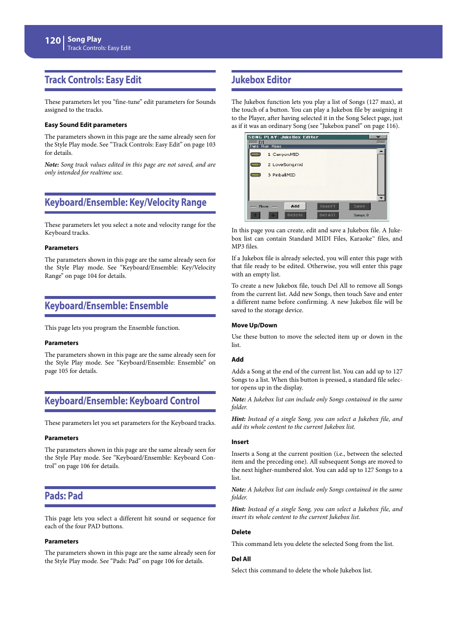 Track controls: easy edit, Keyboard/ensemble: key/velocity range, Keyboard/ensemble: ensemble | Keyboard/ensemble: keyboard control, Pads: pad, Jukebox editor | KORG Pa300 Arranger User Manual | Page 124 / 378