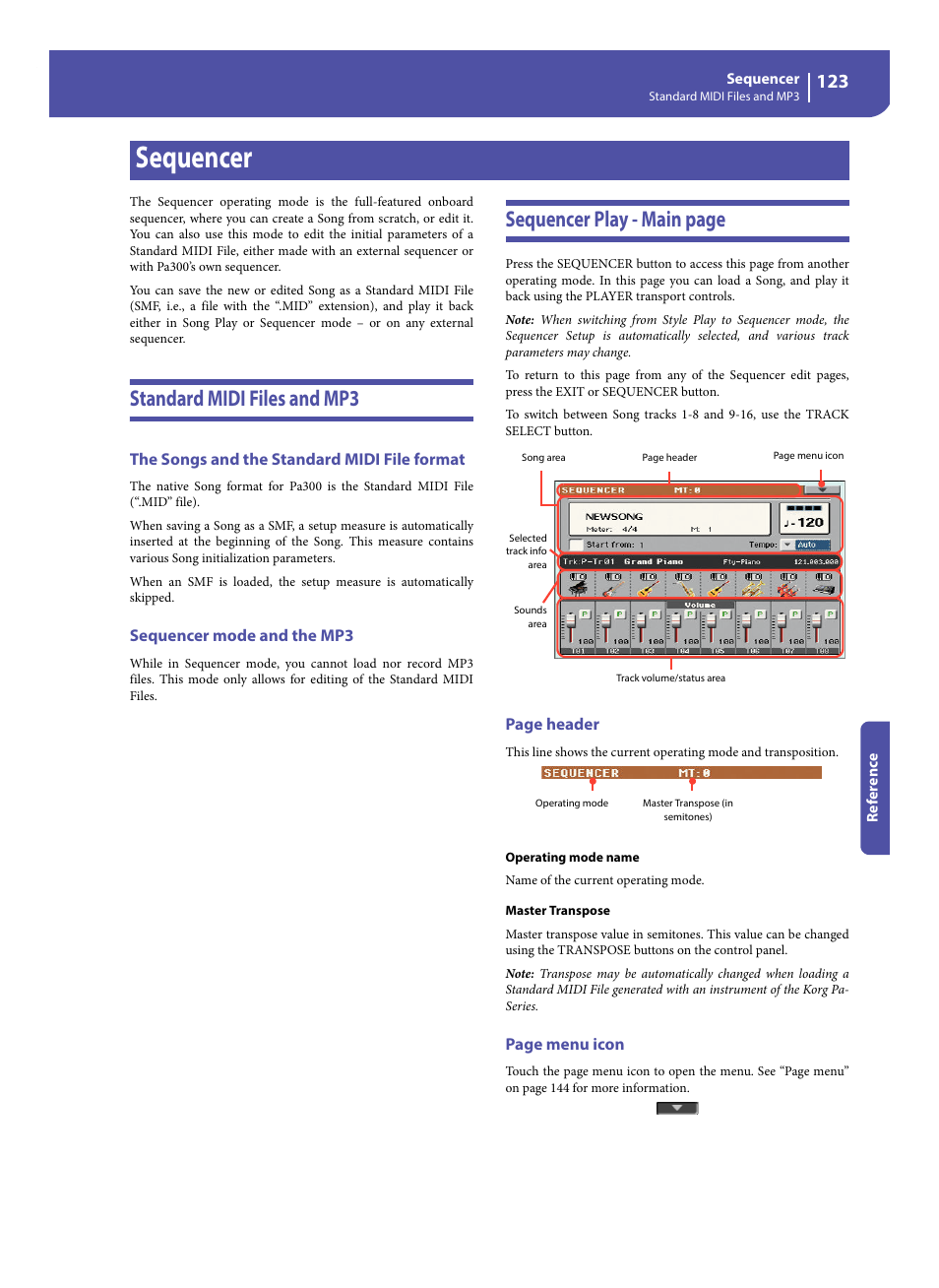 Sequencer, Standard midi files and mp3, The songs and the standard midi file format | Sequencer mode and the mp3, Sequencer play - main page | KORG Pa300 Arranger User Manual | Page 127 / 378