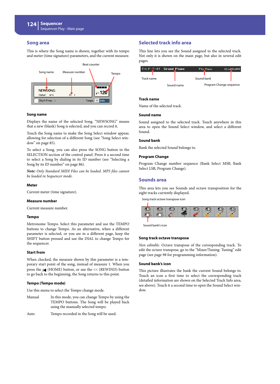 Song area, Selected track info area, Sounds area | T a “start from” me | KORG Pa300 Arranger User Manual | Page 128 / 378