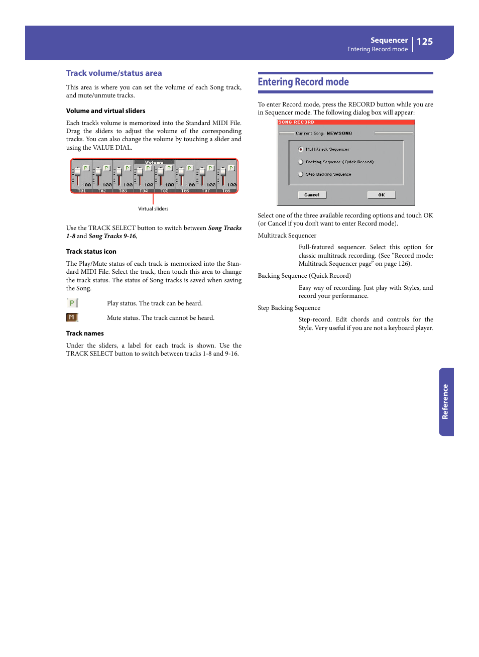Track volume/status area, Entering record mode | KORG Pa300 Arranger User Manual | Page 129 / 378