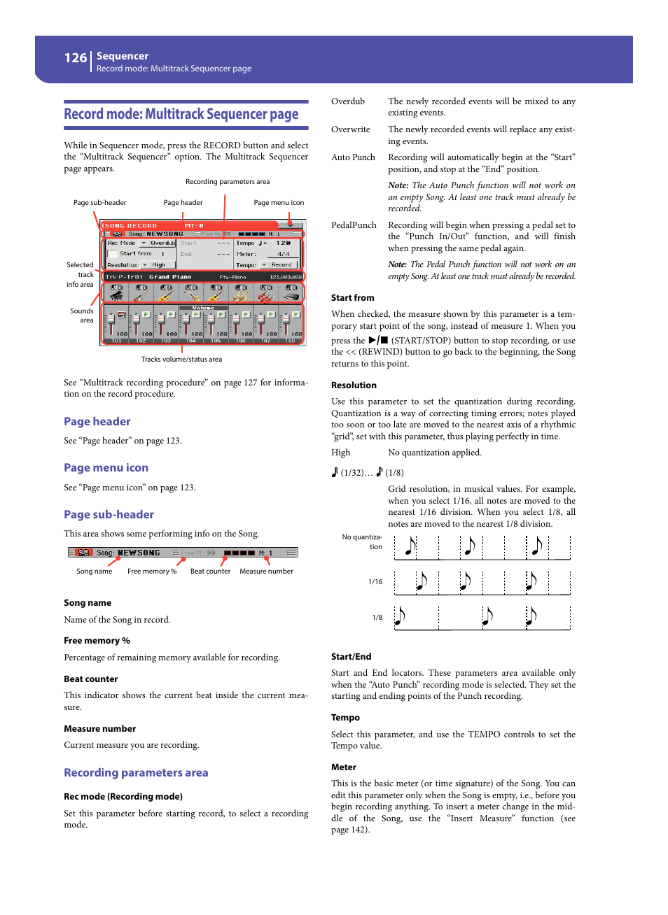 Recording parameters area, Record mode: multitrack sequencer page, Page header | Page menu icon, Page sub-header | KORG Pa300 Arranger User Manual | Page 130 / 378