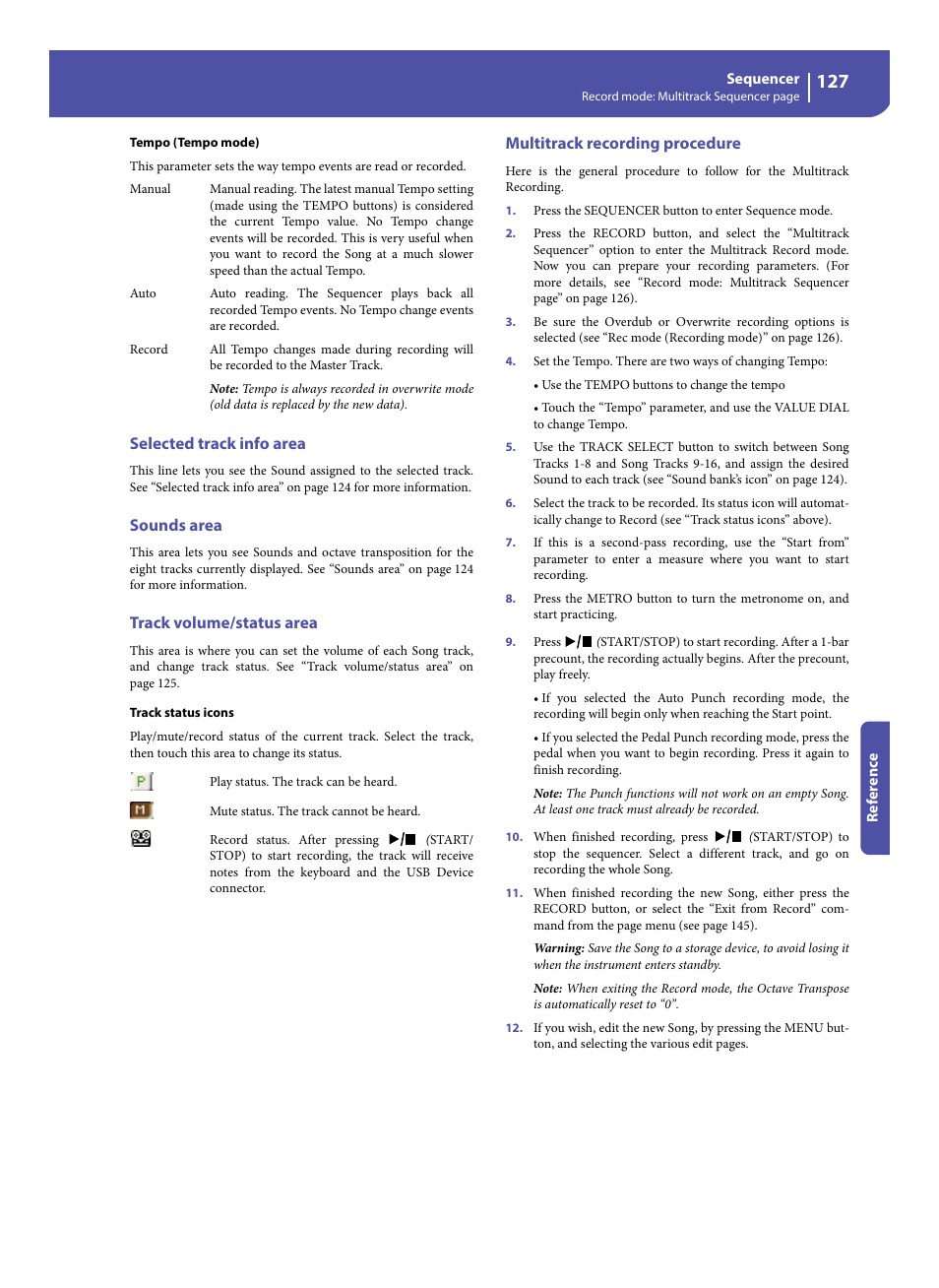 Selected track info area, Sounds area, Track volume/status area | Multitrack recording procedure | KORG Pa300 Arranger User Manual | Page 131 / 378