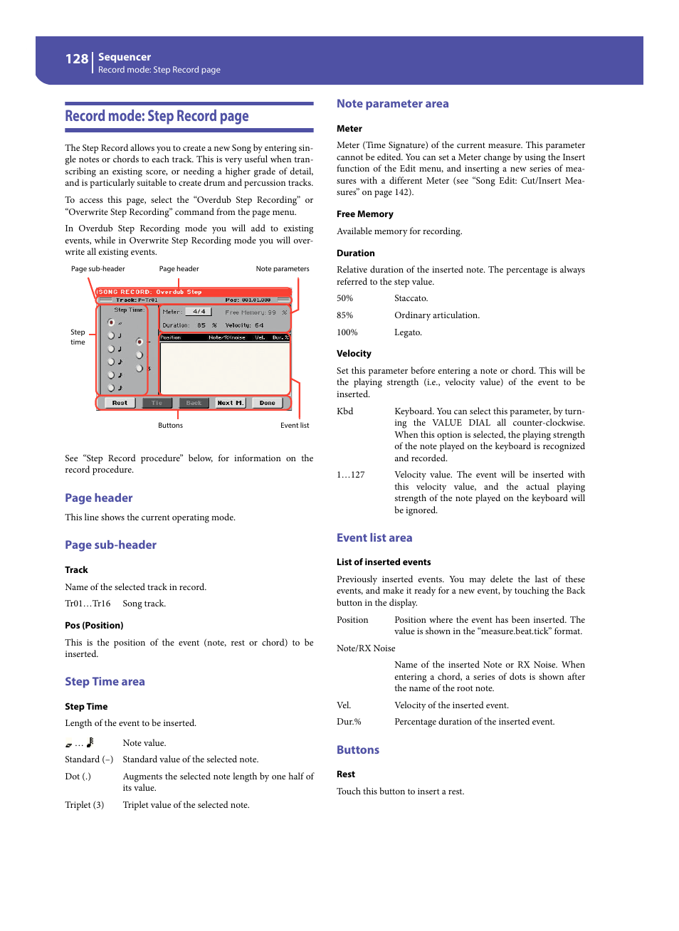 Step time area, Note parameter area, Event list area | Buttons, Record mode: step record page, Page header, Page sub-header | KORG Pa300 Arranger User Manual | Page 132 / 378