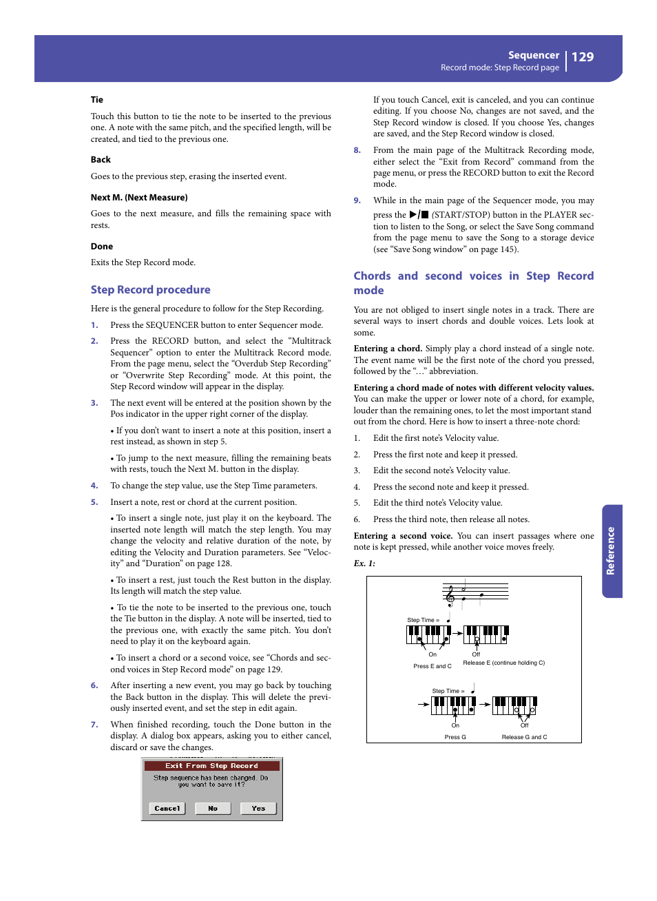 Step record procedure, Chords and second voices in step record mode | KORG Pa300 Arranger User Manual | Page 133 / 378