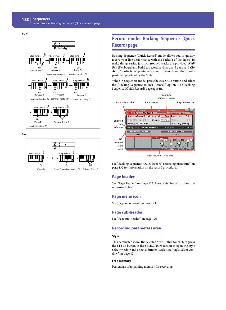 Recording parameters area, Record mode: backing sequence (quick record) page, Page header | Page menu icon, Page sub-header, Sequencer | KORG Pa300 Arranger User Manual | Page 134 / 378