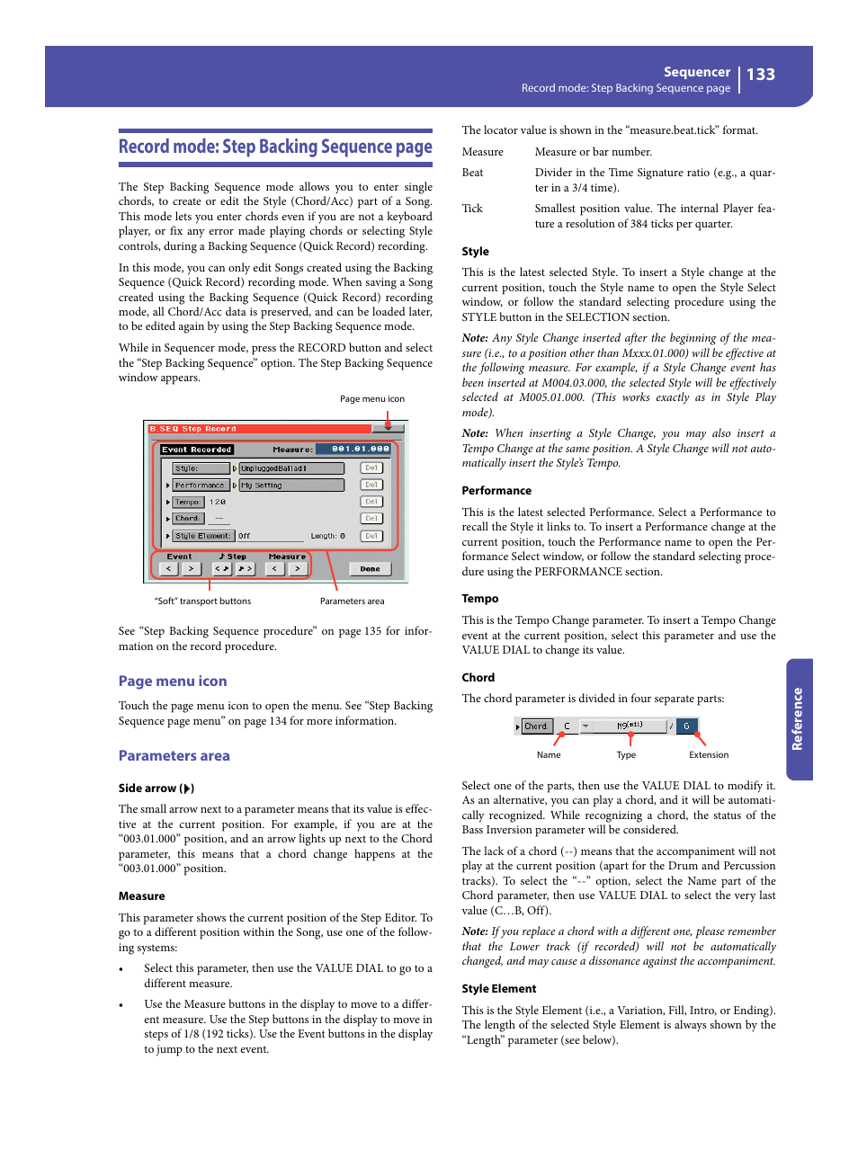 Parameters area, Record mode: step backing sequence page, Page menu icon | KORG Pa300 Arranger User Manual | Page 137 / 378