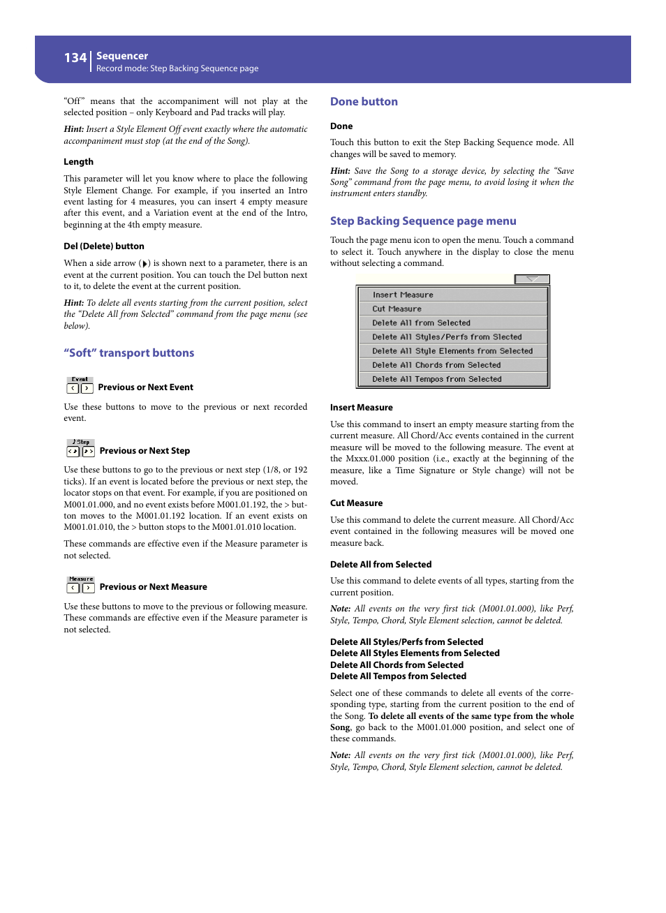 Soft” transport buttons, Done button, Step backing sequence page menu | KORG Pa300 Arranger User Manual | Page 138 / 378