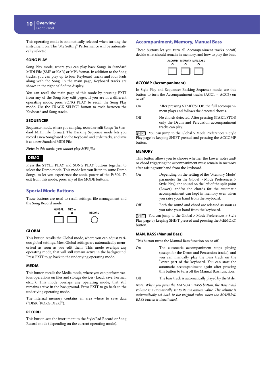 Special mode buttons, Accompaniment, memory, manual bass | KORG Pa300 Arranger User Manual | Page 14 / 378