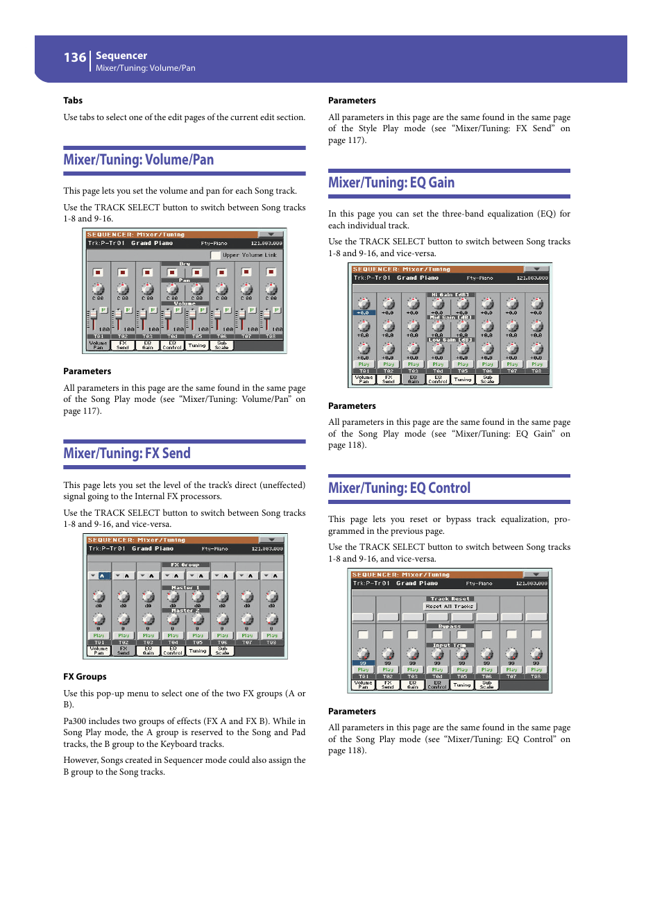 Mixer/tuning: volume/pan, Mixer/tuning: fx send, Mixer/tuning: eq gain | Mixer/tuning: eq control | KORG Pa300 Arranger User Manual | Page 140 / 378