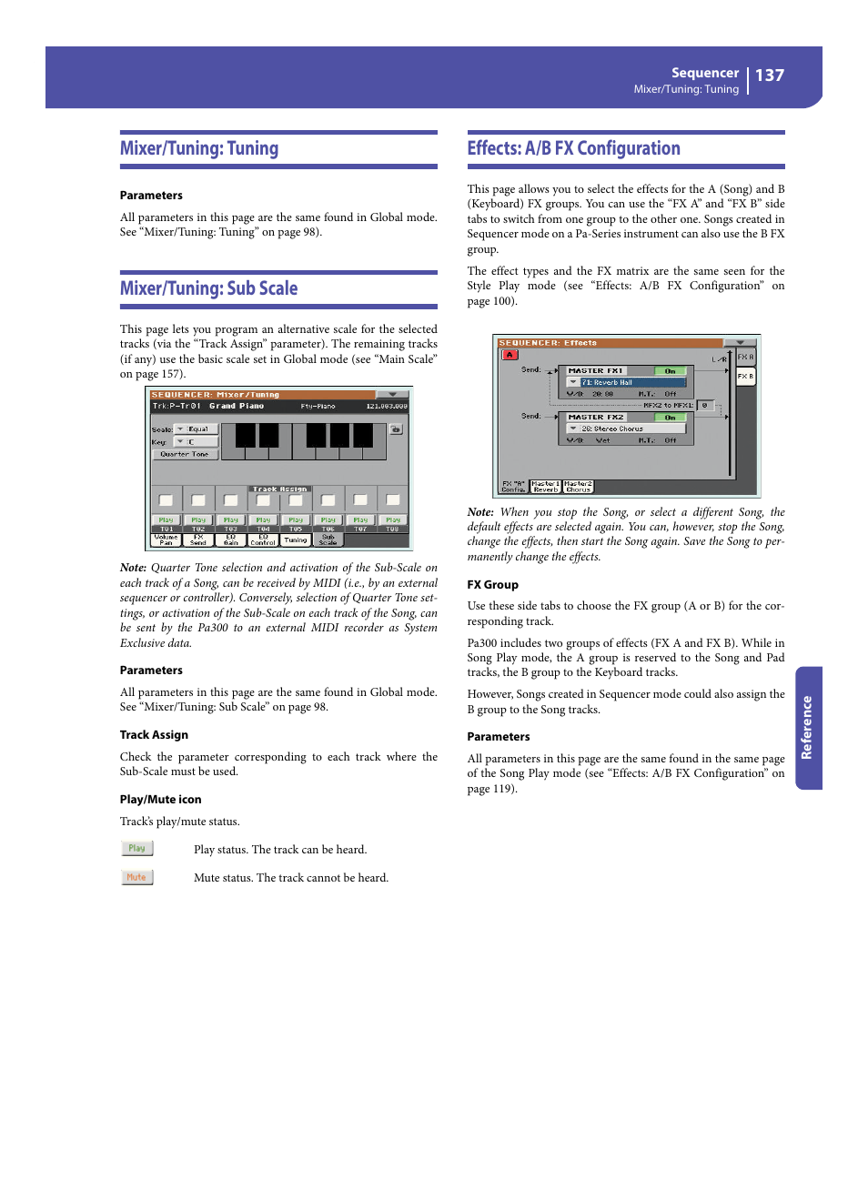 Mixer/tuning: tuning, Mixer/tuning: sub scale, Effects: a/b fx configuration | Mixer/tuning: tuning” edi | KORG Pa300 Arranger User Manual | Page 141 / 378