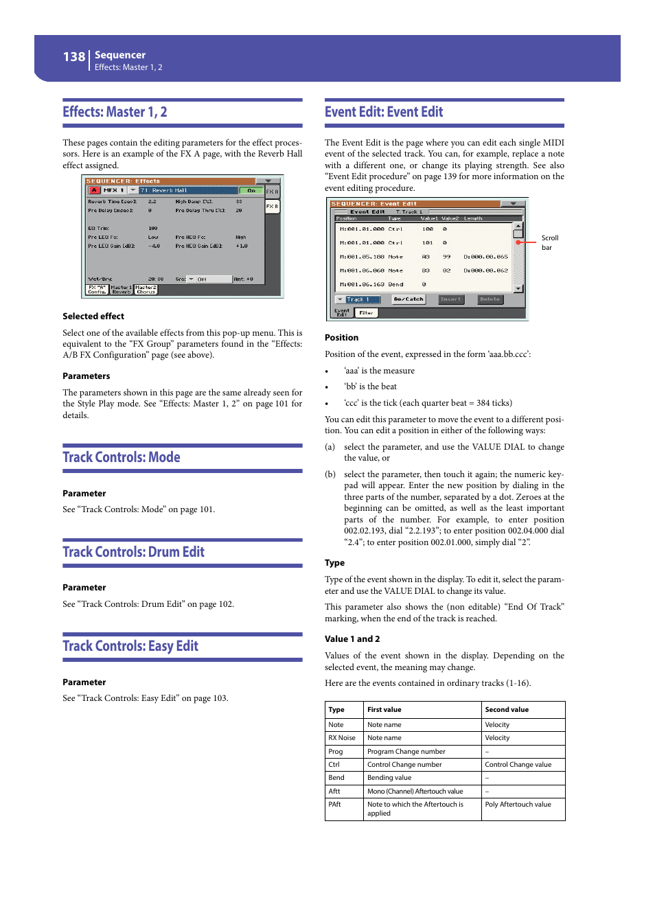 Effects: master 1, 2, Track controls: mode, Track controls: drum edit | Track controls: easy edit, Event edit: event edit | KORG Pa300 Arranger User Manual | Page 142 / 378