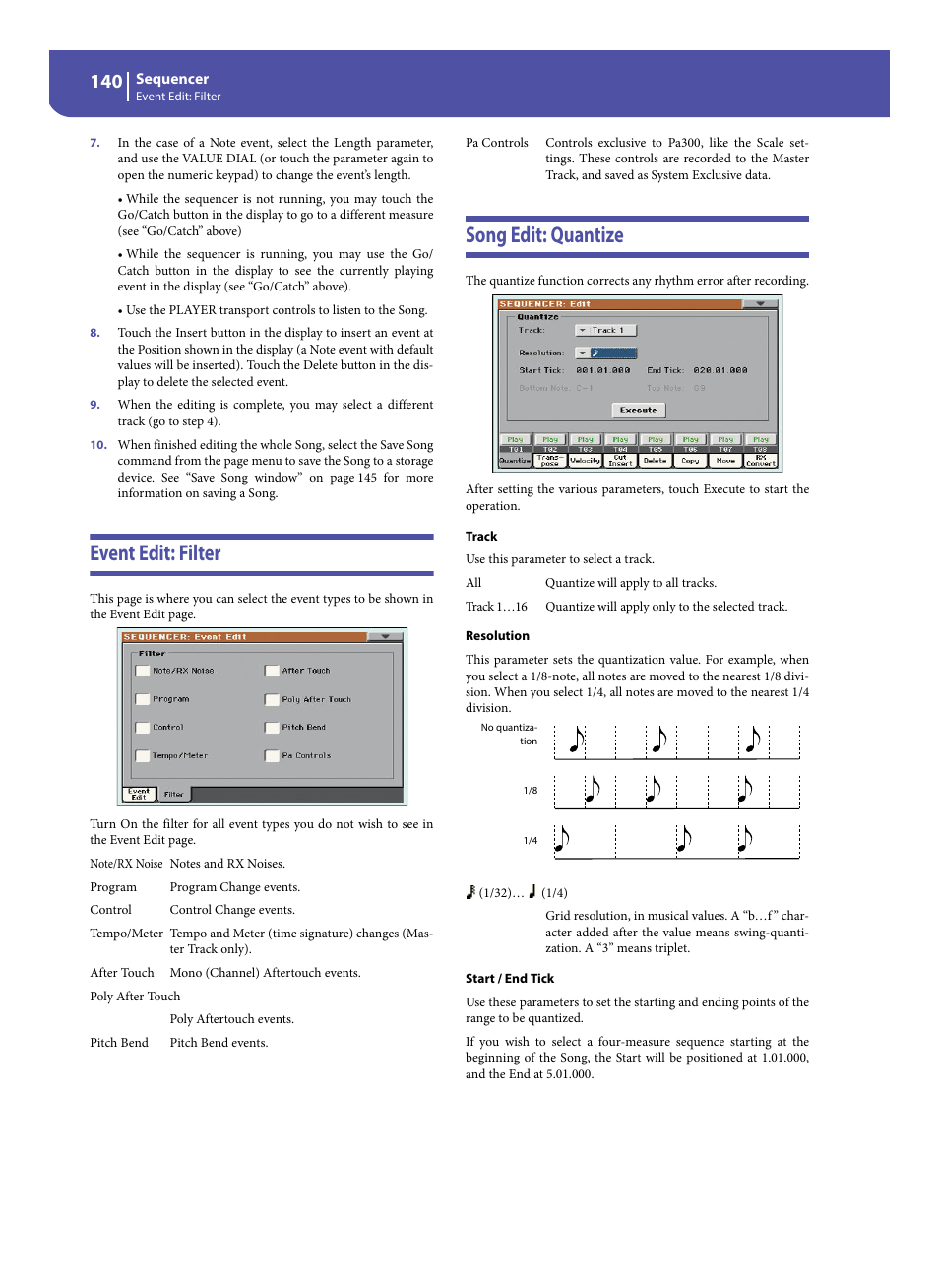 Event edit: filter, Song edit: quantize, Event edit: filter song edit: quantize | KORG Pa300 Arranger User Manual | Page 144 / 378